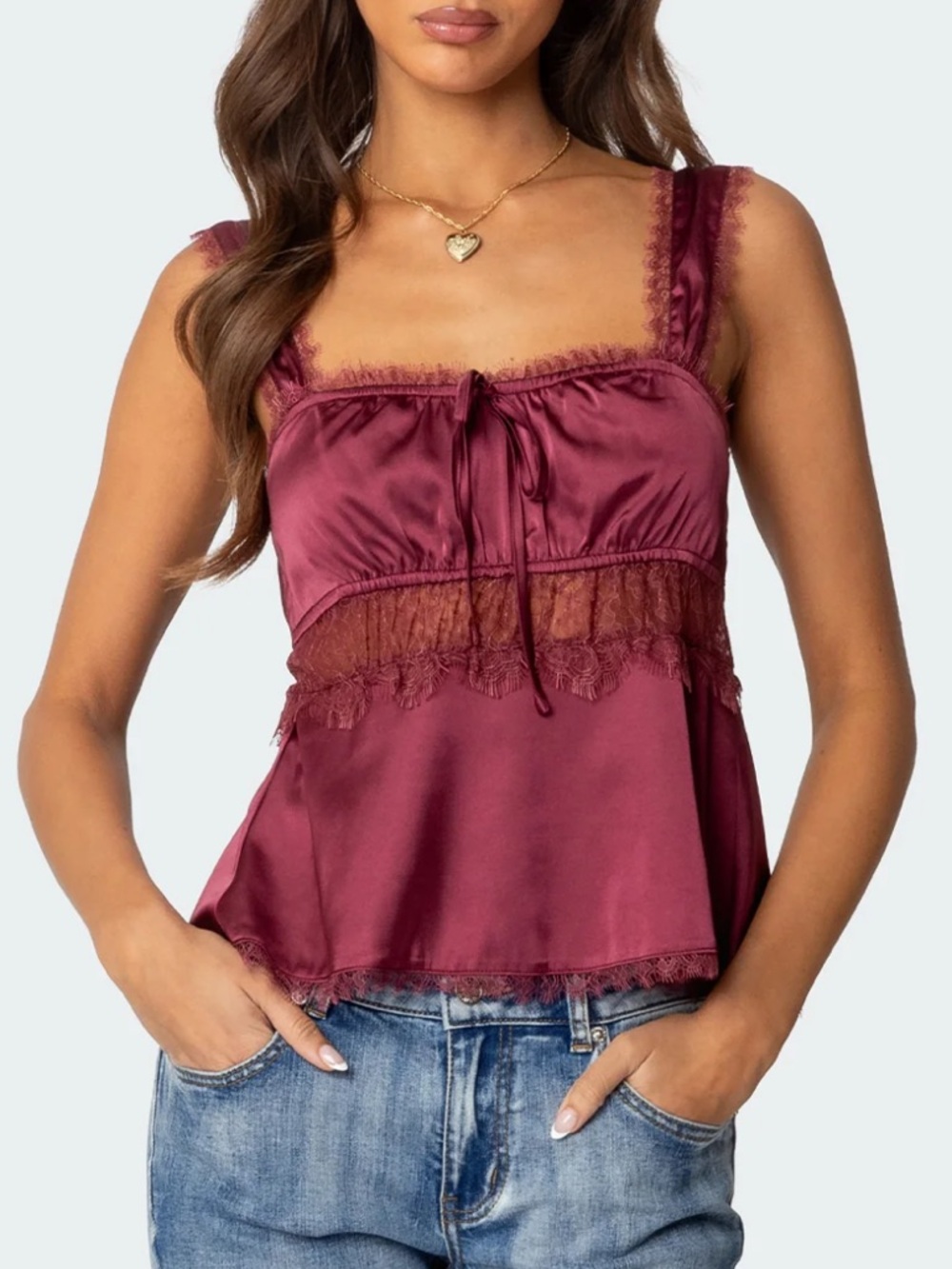 Edikted Satin Lace-Trim Burgundy Tank Top